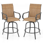 Outdoor Swivel Bar Stools Set of 2 All-Weather Steel Frame Bar Height Patio Chairs with Curved Armrests, High Back & Cozy Footrest