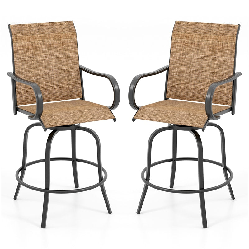 Outdoor Swivel Bar Stools Set of 2 All-Weather Steel Frame Bar Height Patio Chairs with Curved Armrests, High Back & Cozy Footrest