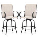 Outdoor Swivel Bar Stools Set of 2 All-Weather Steel Frame Bar Height Patio Chairs with Curved Armrests, High Back & Cozy Footrest