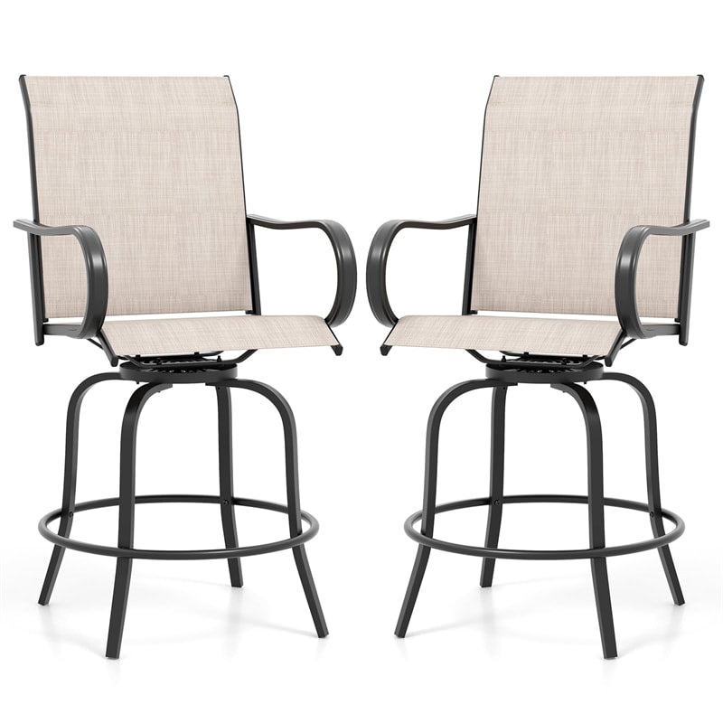 Outdoor Swivel Bar Stools Set of 2 All-Weather Steel Frame Bar Height Patio Chairs with Curved Armrests, High Back & Cozy Footrest