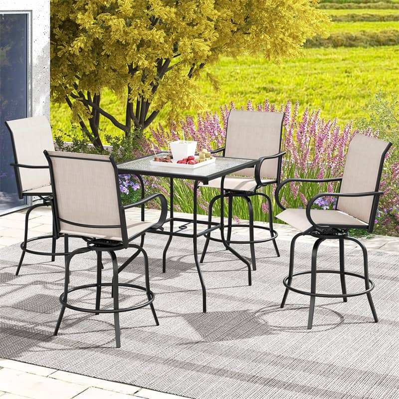 Outdoor Swivel Bar Stools Set of 2 All-Weather Steel Frame Bar Height Patio Chairs with Curved Armrests, High Back & Cozy Footrest