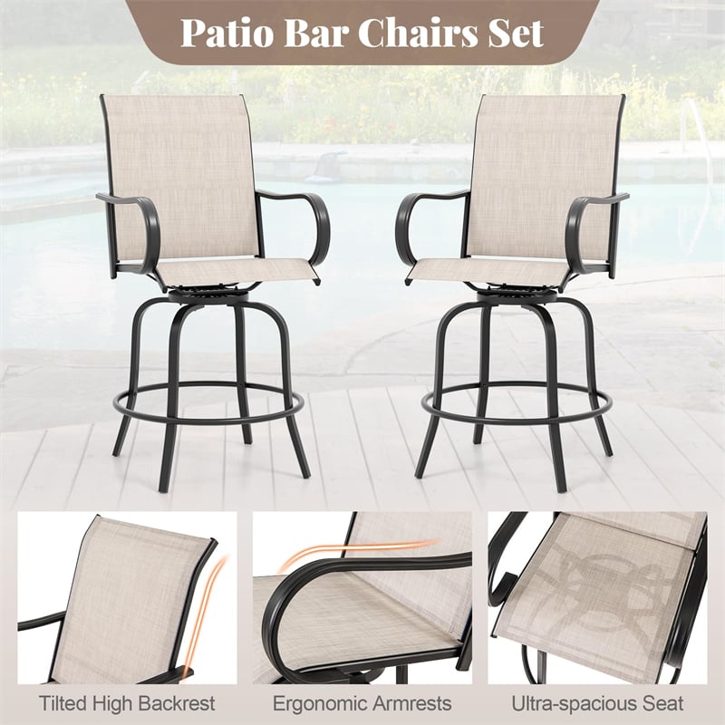 Outdoor Swivel Bar Stools Set of 2 All-Weather Steel Frame Bar Height Patio Chairs with Curved Armrests, High Back & Cozy Footrest