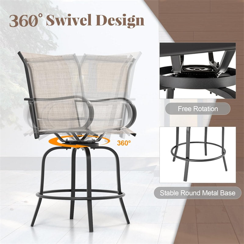 Outdoor Swivel Bar Stools Set of 2 All-Weather Steel Frame Bar Height Patio Chairs with Curved Armrests, High Back & Cozy Footrest