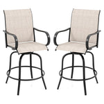 Outdoor Swivel Bar Stools Set of 2 All-Weather Steel Frame Bar Height Patio Chairs with Curved Armrests, High Back & Cozy Footrest