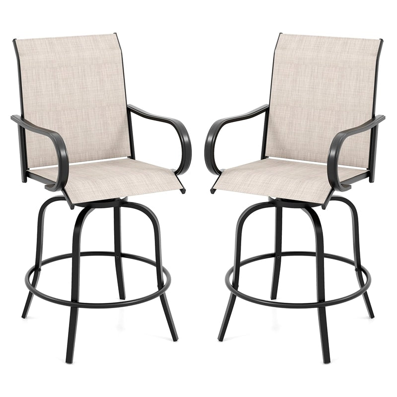 Outdoor Swivel Bar Stools Set of 2 All-Weather Steel Frame Bar Height Patio Chairs with Curved Armrests, High Back & Cozy Footrest