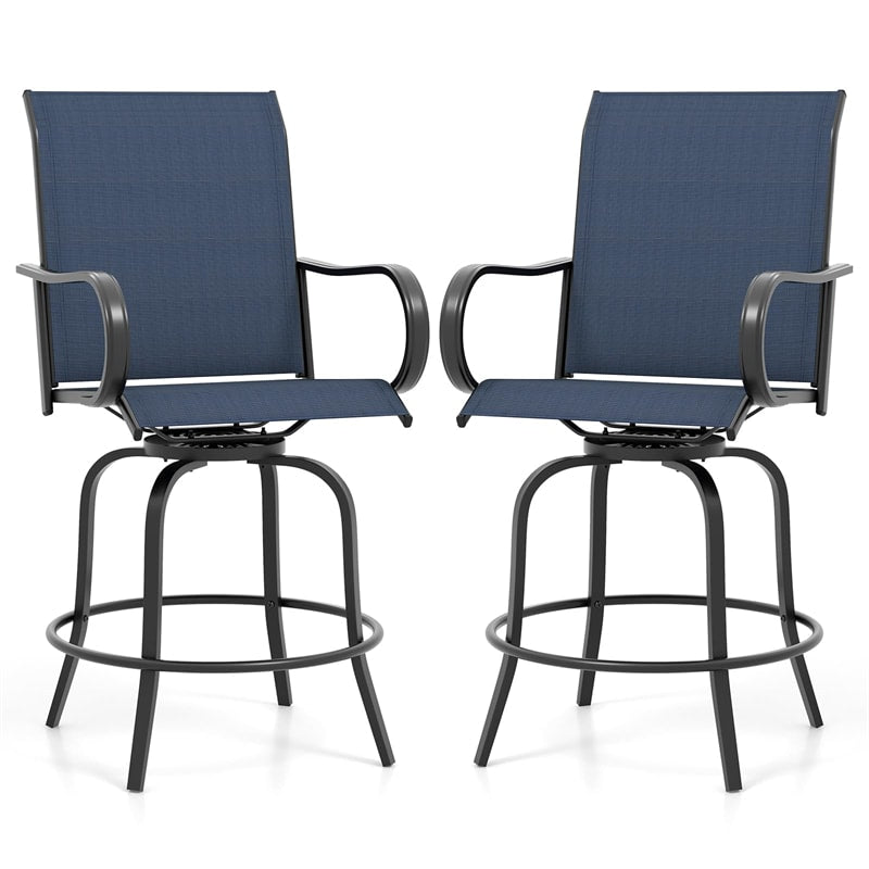 Outdoor Swivel Bar Stools Set of 2 All-Weather Steel Frame Bar Height Patio Chairs with Curved Armrests, High Back & Cozy Footrest