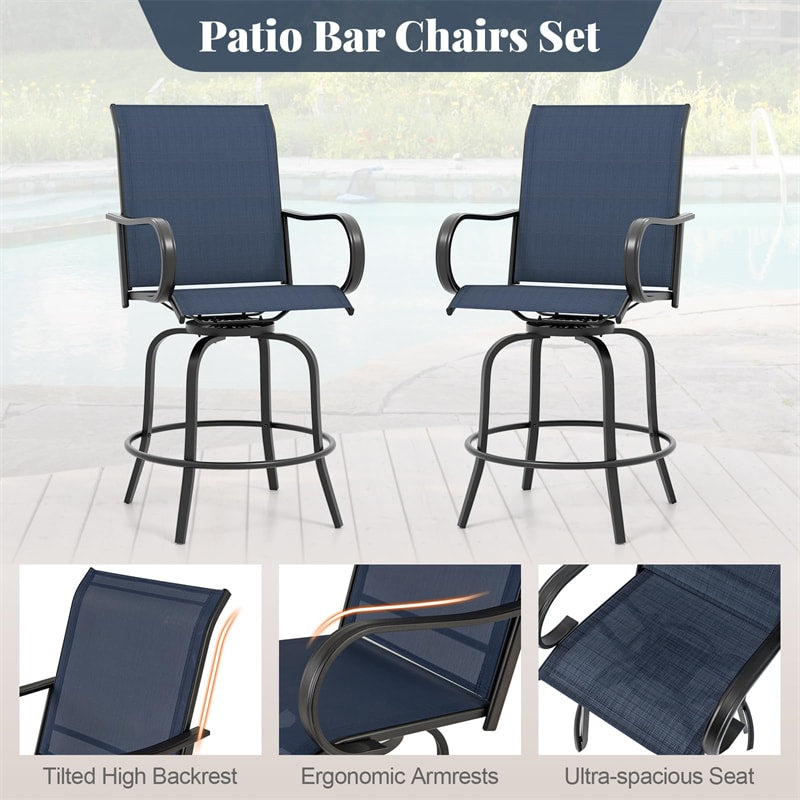 Outdoor Swivel Bar Stools Set of 2 All-Weather Steel Frame Bar Height Patio Chairs with Curved Armrests, High Back & Cozy Footrest