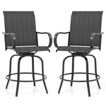 Outdoor Swivel Bar Stools Set of 2 All-Weather Steel Frame Bar Height Patio Chairs with Curved Armrests, High Back & Cozy Footrest