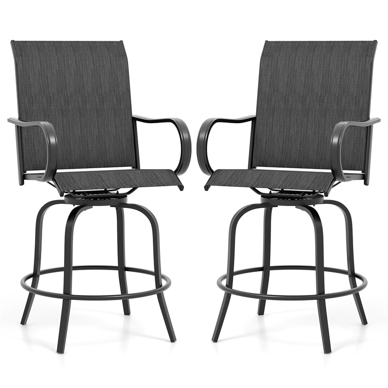 Outdoor Swivel Bar Stools Set of 2 All-Weather Steel Frame Bar Height Patio Chairs with Curved Armrests, High Back & Cozy Footrest