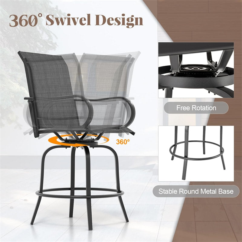 Outdoor Swivel Bar Stools Set of 2 All-Weather Steel Frame Bar Height Patio Chairs with Curved Armrests, High Back & Cozy Footrest