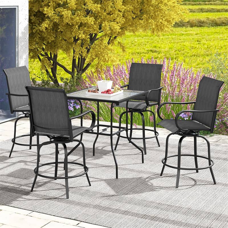 Outdoor Swivel Bar Stools Set of 2 All-Weather Steel Frame Bar Height Patio Chairs with Curved Armrests, High Back & Cozy Footrest