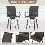 Outdoor Swivel Bar Stools Set of 2 All-Weather Steel Frame Bar Height Patio Chairs with Curved Armrests, High Back & Cozy Footrest