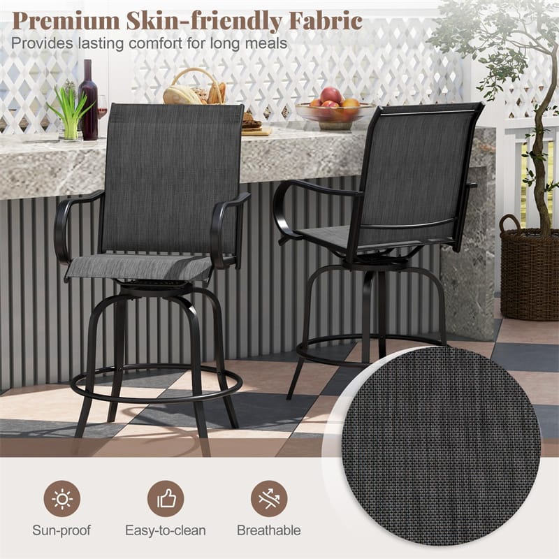 Outdoor Swivel Bar Stools Set of 2 All-Weather Steel Frame Bar Height Patio Chairs with Curved Armrests, High Back & Cozy Footrest