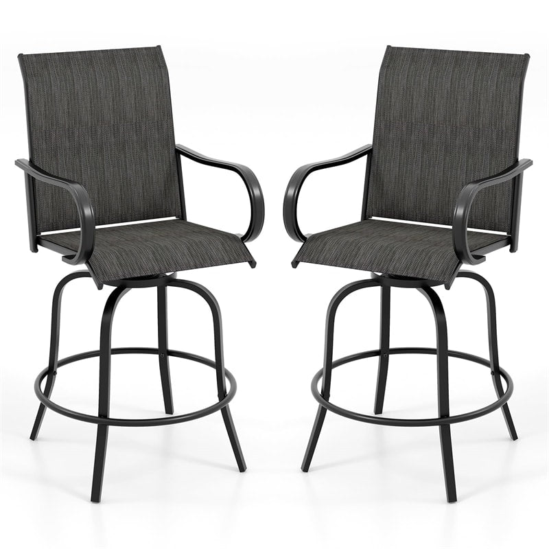 Outdoor Swivel Bar Stools Set of 2 All-Weather Steel Frame Bar Height Patio Chairs with Curved Armrests, High Back & Cozy Footrest