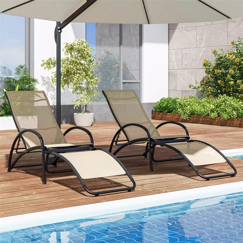 2PCS Outdoor Rocking Chaise Lounge 2-in-1 Patio Convertible Lounge Chair with 4-Position Adjustable Backrest, Curved Armrests, Aluminum Frame