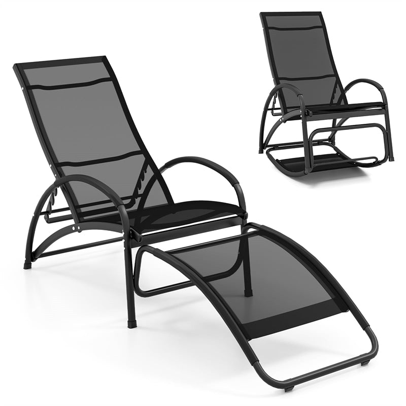 2PCS Outdoor Rocking Chaise Lounge 2-in-1 Patio Convertible Lounge Chair with 4-Position Adjustable Backrest, Curved Armrests, Aluminum Frame