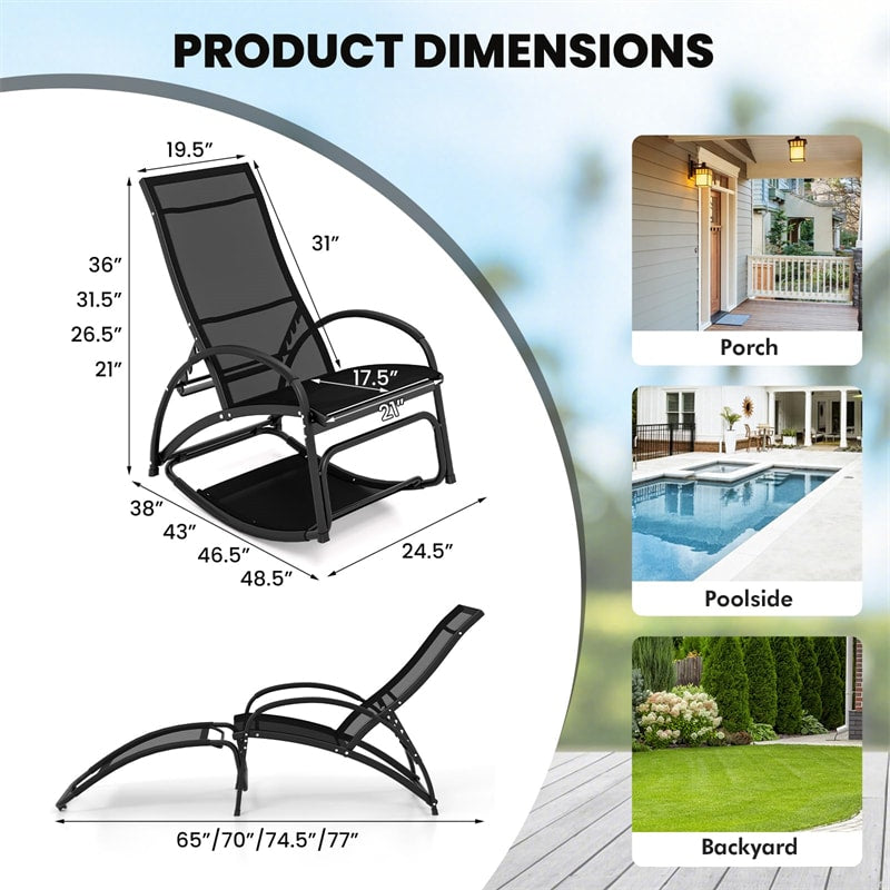 2PCS Outdoor Rocking Chaise Lounge 2-in-1 Patio Convertible Lounge Chair with 4-Position Adjustable Backrest, Curved Armrests, Aluminum Frame