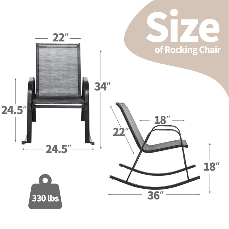 2PCS Patio Rocking Chair Ergonomic Outdoor Rocker with Breathable Fabric Seat, Heavy-Duty Metal Frame for Front Porch Backyard Garden