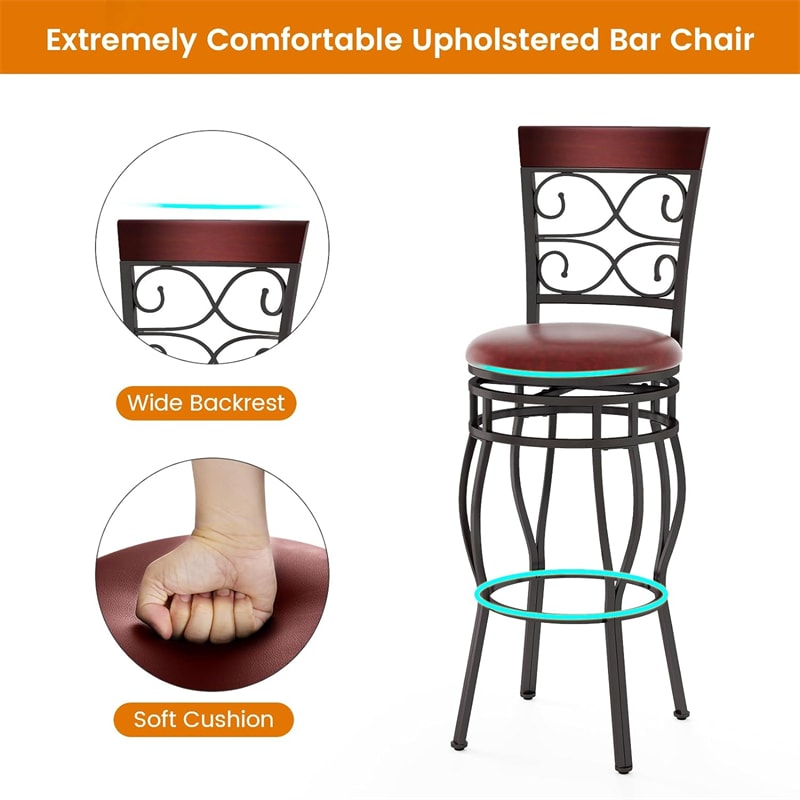 360° Swivel Bar Stools Set of 2, 30" Bar Height Barstools Leather Padded Seat Bistro Dining Kitchen Pub Metal Chairs with High Back