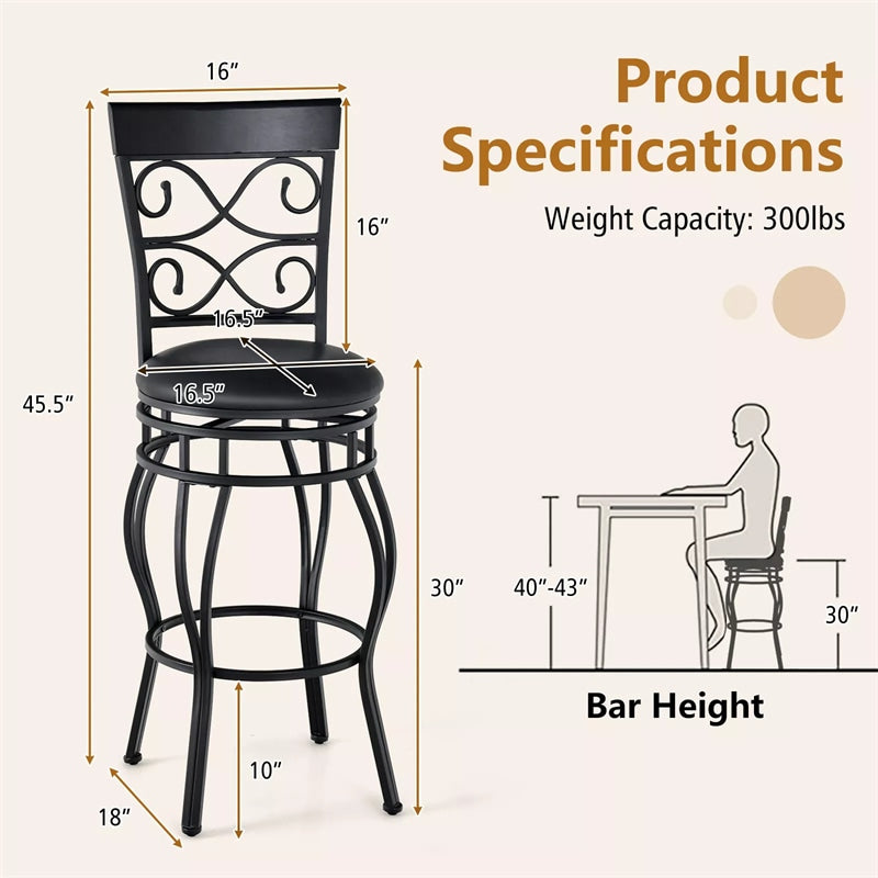 360° Swivel Bar Stools Set of 2, 30" Bar Height Barstools Leather Padded Seat Bistro Dining Kitchen Pub Metal Chairs with High Back