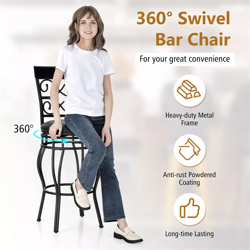 360° Swivel Bar Stools Set of 2, 30" Bar Height Barstools Leather Padded Seat Bistro Dining Kitchen Pub Metal Chairs with High Back