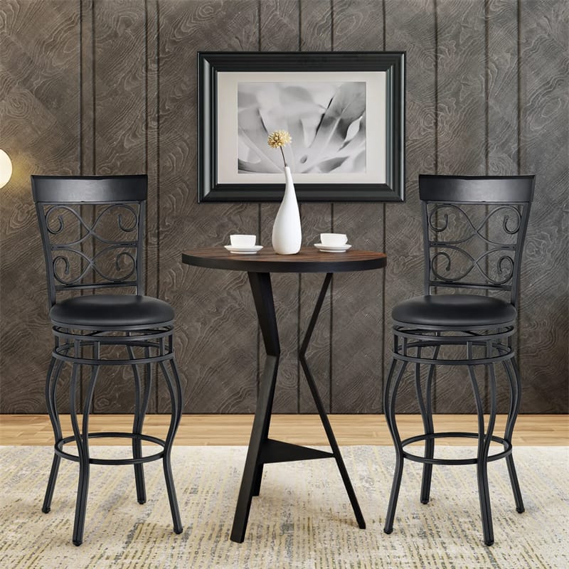 360° Swivel Bar Stools Set of 2, 30" Bar Height Barstools Leather Padded Seat Bistro Dining Kitchen Pub Metal Chairs with High Back