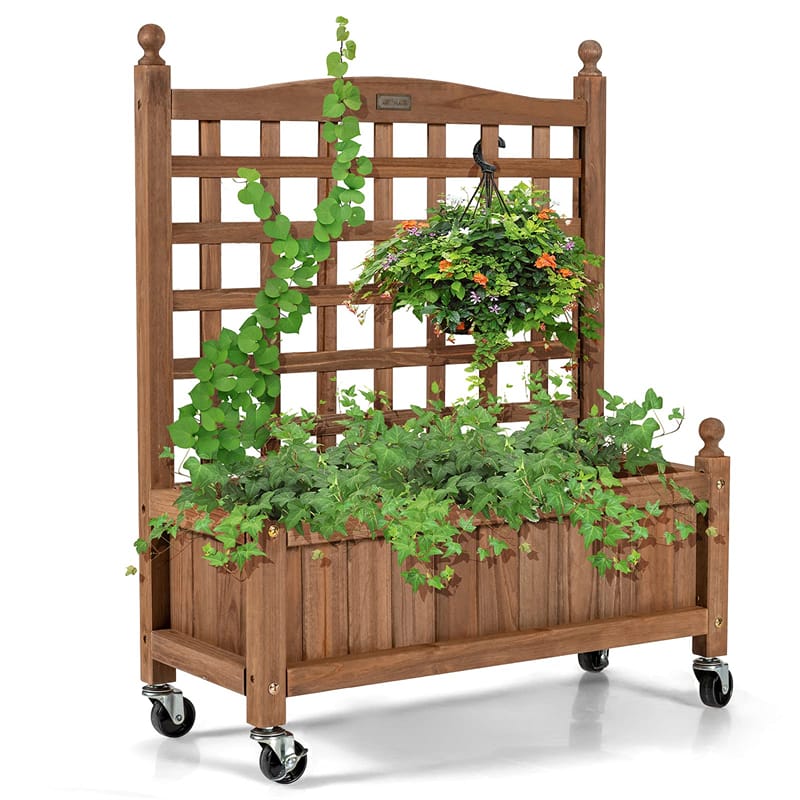 Solid Wood Planter Box with Trellis, 32"H Freestanding Raised Garden Bed Trellis Planter Box for Climbing Vegetable Plants