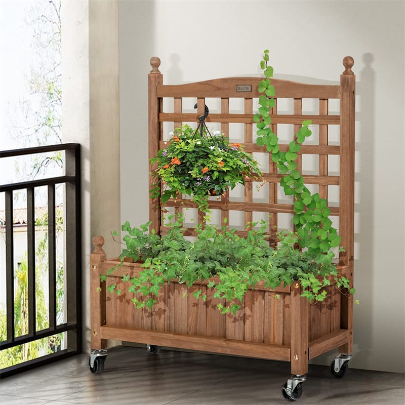 Solid Wood Planter Box with Trellis, 32"H Freestanding Raised Garden Bed Trellis Planter Box for Climbing Vegetable Plants