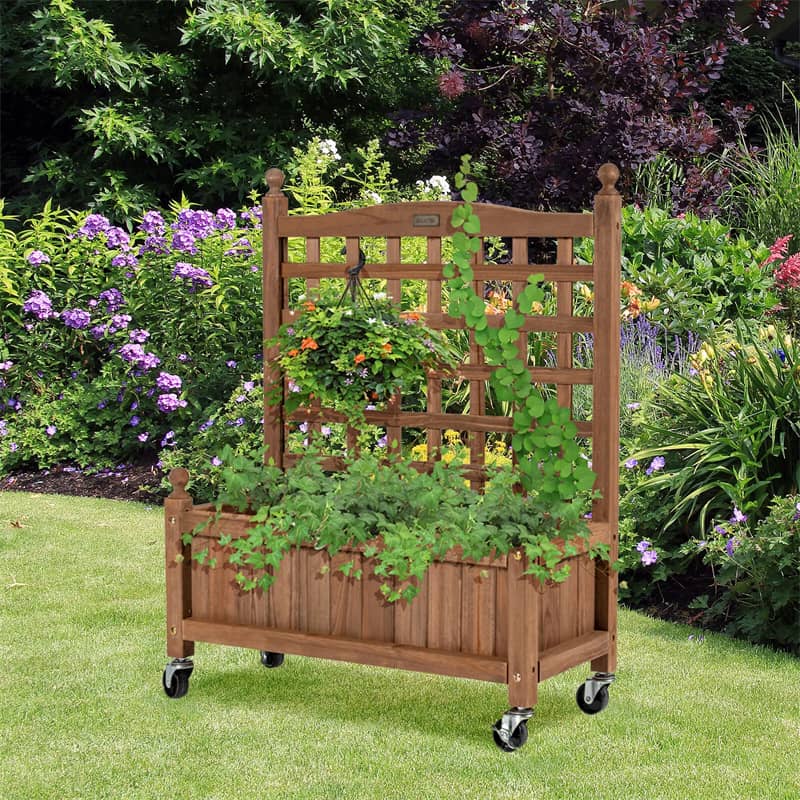 Solid Wood Planter Box with Trellis, 32"H Freestanding Raised Garden Bed Trellis Planter Box for Climbing Vegetable Plants