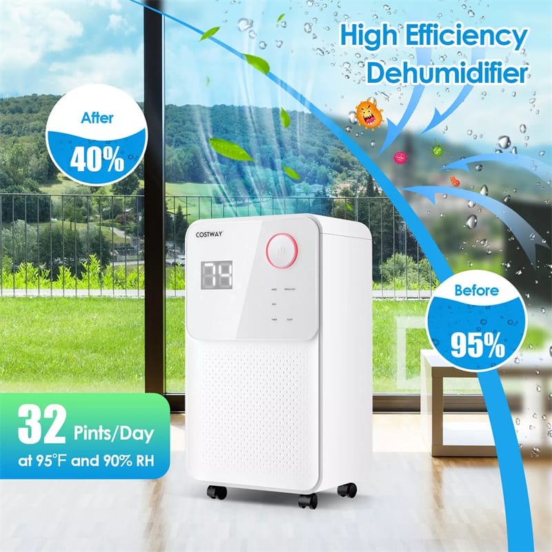 32 Pints Dehumidifier for Home & Basements, 2000 Sq. Ft Portable Dehumidifier with Drain Hose, 3-Color Digital Display, 4 Modes & 24H Timer