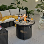 32" Round Fire Pit Table 30,000 BTU Outdoor Propane Gas Fire Pit with Fire Glasses & PVC Cover Ceramic Tile Tabletop Rattan-Like Fire Table