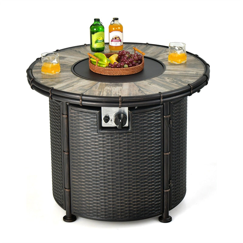 32" Round Fire Pit Table 30,000 BTU Outdoor Propane Gas Fire Pit with Fire Glasses & PVC Cover Ceramic Tile Tabletop Rattan-Like Fire Table