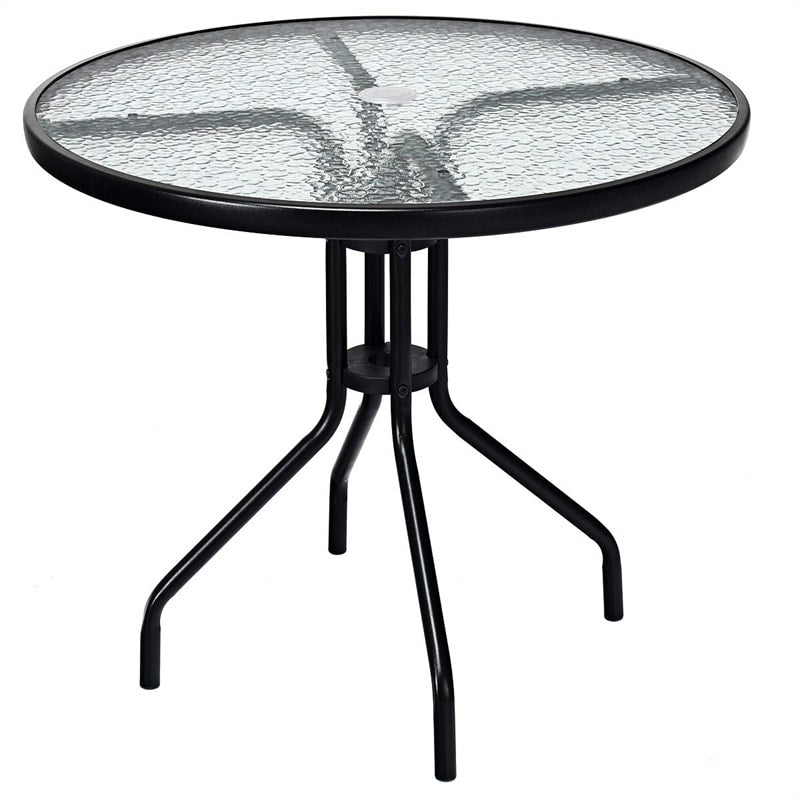 32" Round Outdoor Dining Table All Weather Patio Side Table with Umbrella Hole, Tempered Glass Top & Steel Frame