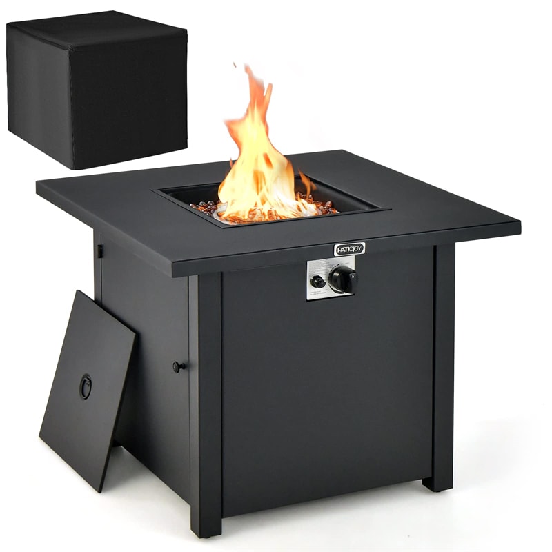 32" Square Propane Fire Pit Table 50,000 BTU Patio Gas Fire Pit Table with Fire Glasses & PVC Protective Cover, Outdoor Fire Table for Backyard