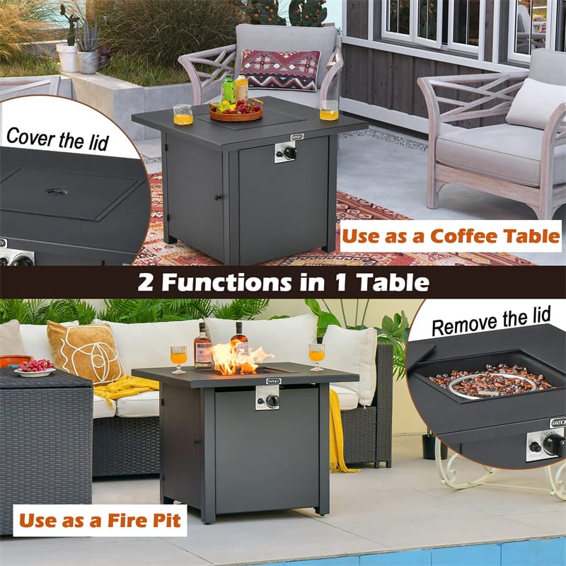 32" Square Propane Fire Pit Table 50,000 BTU Patio Gas Fire Pit Table with Fire Glasses & PVC Protective Cover, Outdoor Fire Table for Backyard