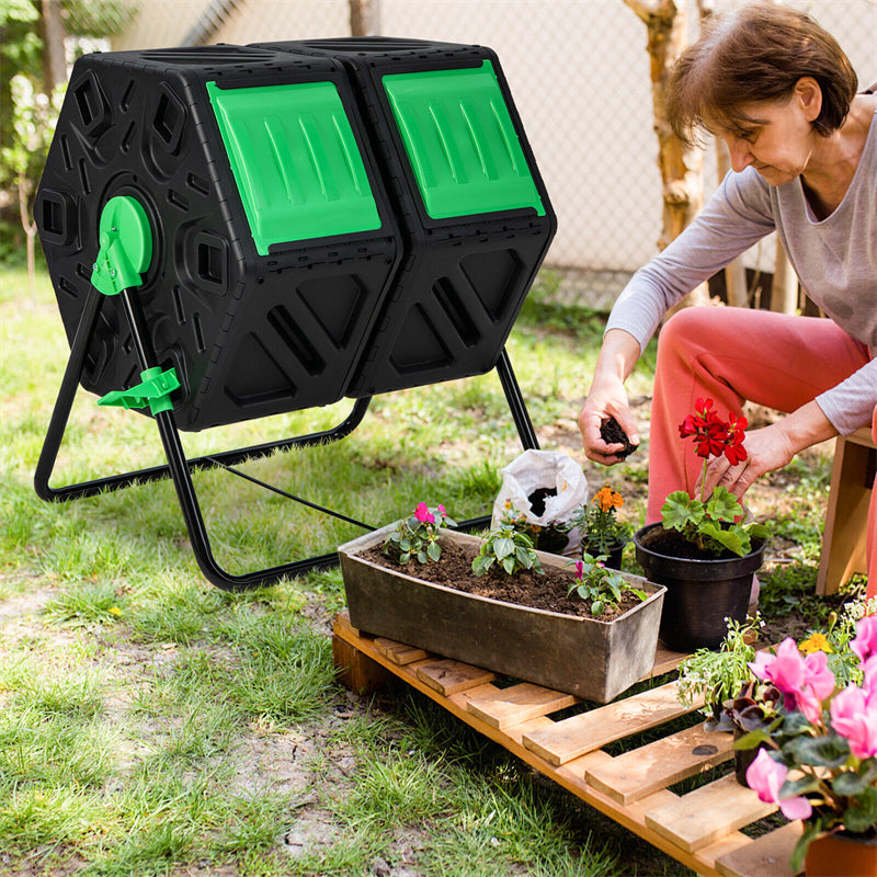 34.5 Gallon Dual Chamber Compost Tumbler High-Volume Outdoor Garden Rotating Compost Bin with Sliding Doors