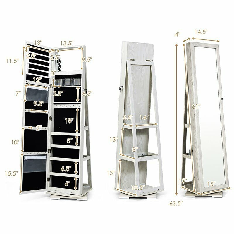 360° Swivel Jewelry Armoire Standing Lockable Jewelry Cabinet Organizer with Higher Full Length Mirror & Rear Storage Shelves