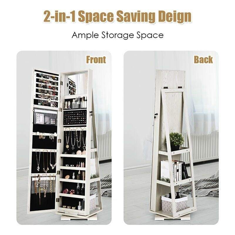 360° Swivel Jewelry Armoire Standing Lockable Jewelry Cabinet Organizer with Higher Full Length Mirror & Rear Storage Shelves