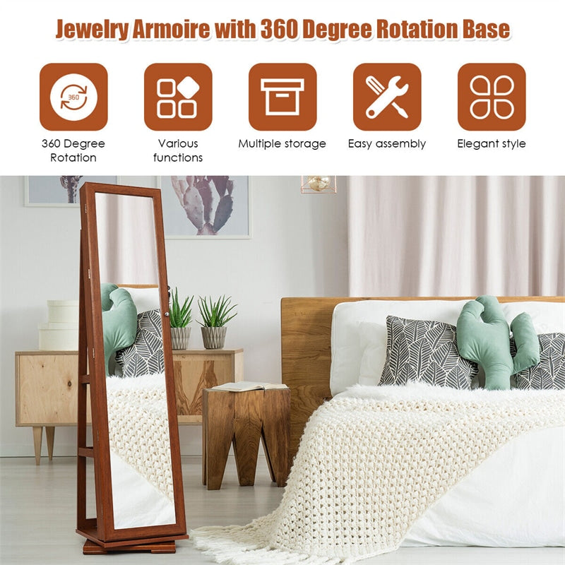 360° Swivel Jewelry Armoire Standing Lockable Jewelry Cabinet Organizer with Higher Full Length Mirror & Rear Storage Shelves