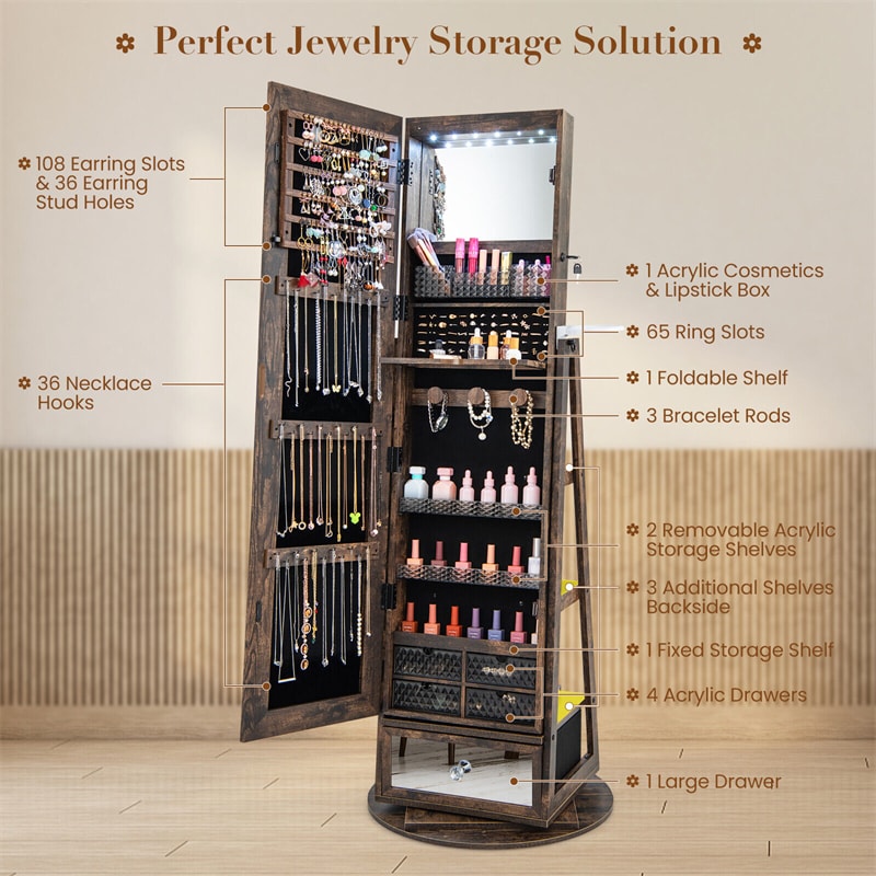 360° Swivel Jewelry Cabinet LED Lockable Jewelry Armoire with 64.5" H Full Length Mirror, Rear Storage Shelves & Large Bottom Drawer