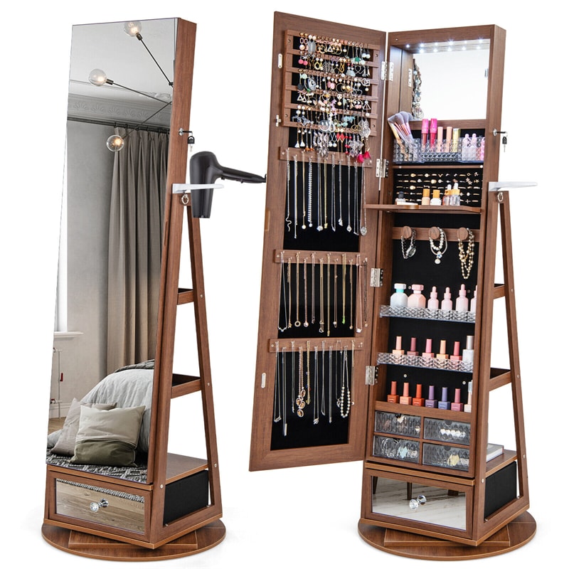 360° Swivel Jewelry Cabinet LED Lockable Jewelry Armoire with 64.5" H Full Length Mirror, Rear Storage Shelves & Large Bottom Drawer