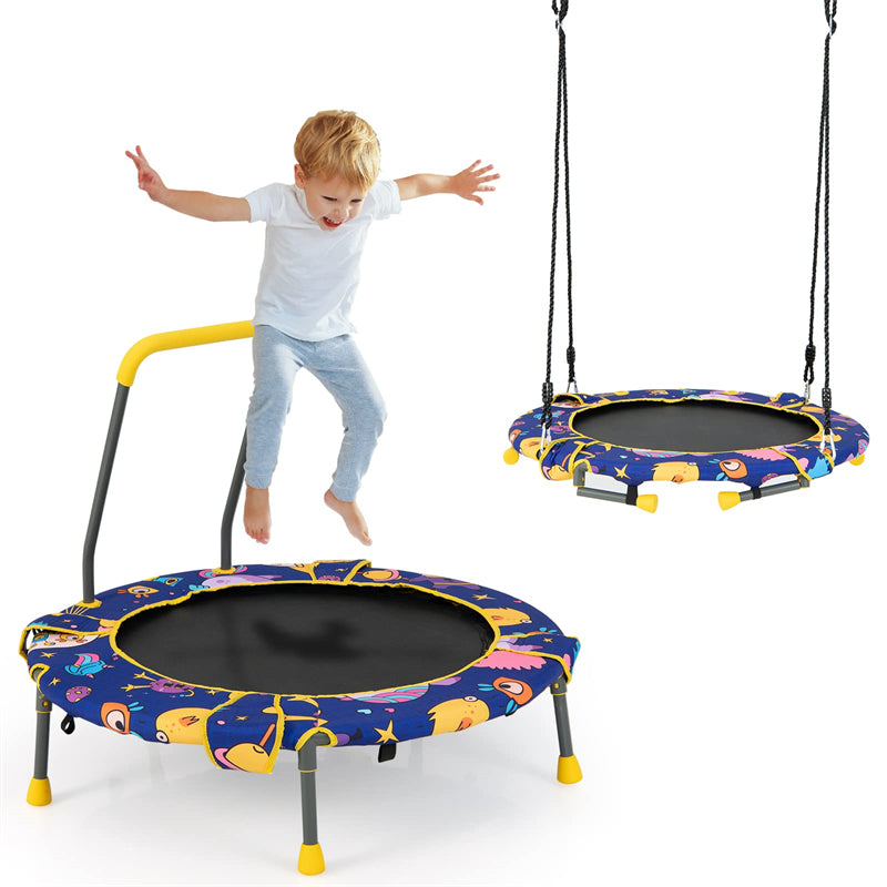 36" Foldable Mini Trampoline 2 in 1 Kids Trampoline Saucer Swing Combo with Bluetooth Audio LED Lights & Detachable Handrail