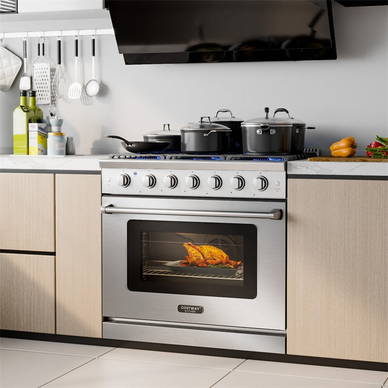 36" Freestanding Natural Gas Range Stainless Steel Dual Fuel Gas Range with 6 Burners Cooktop & 6 Cu.Ft. Convection Oven