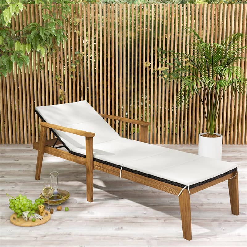 3PCS Outdoor Chaise Lounge Set with Rattan Folding Table, Acacia Wood Frame Patio Lounge Chairs w/ Adjustable Backrests, Armrests, Cushions