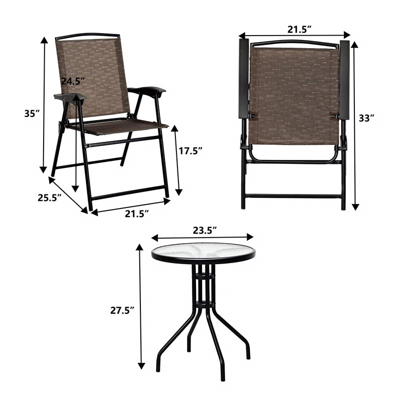 Bestoutdor 3PCS Patio Bistro Set Outdoor Folding Chairs with Round Tempered Glass Table, All Weather Garden Furniture for Poolside Yard