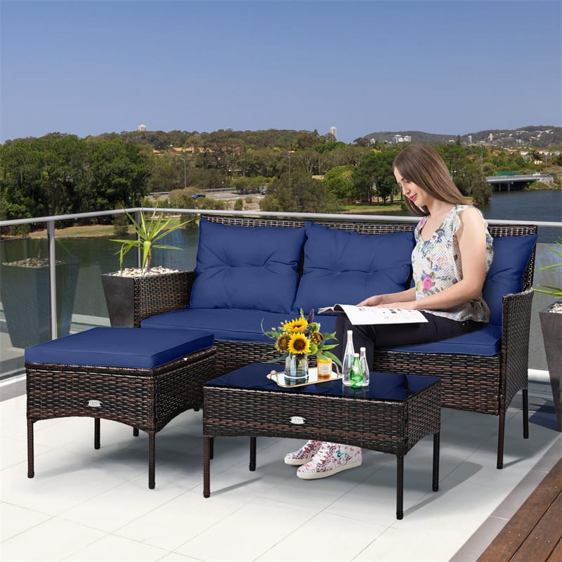 3PCS Patio Rattan Furniture Set Wicker Conversation Set Outdoor 3-Seat Sofa Seating Group with Tempered Glass Table, Seat & Back Cushions