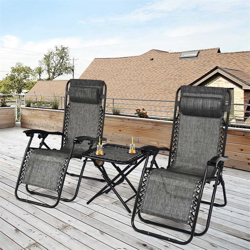 3 Piece Zero Gravity Chairs with Side Table Set, Outdoor Folding Reclining Lounge Chairs Table with Adjustable Backrest, Headrest, Cup Holders