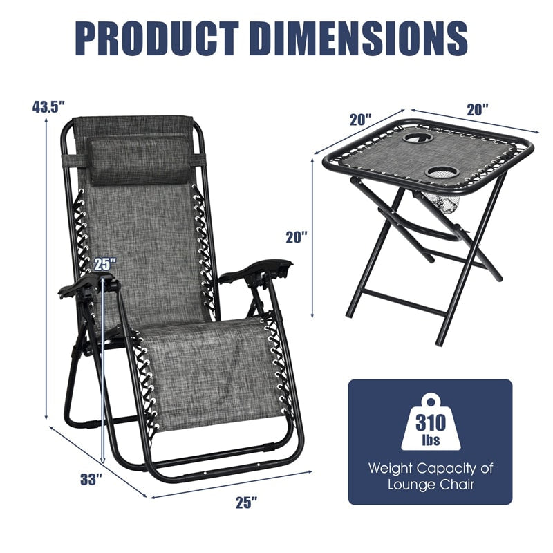 3 Piece Zero Gravity Chairs with Side Table Set, Outdoor Folding Reclining Lounge Chairs Table with Adjustable Backrest, Headrest, Cup Holders