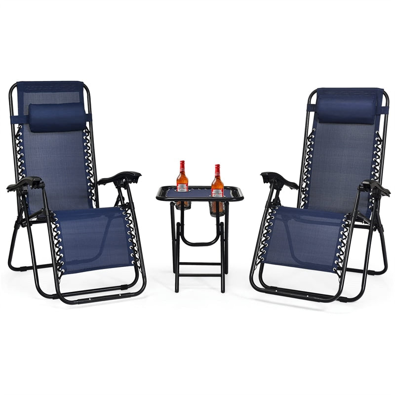 3 Piece Zero Gravity Chairs with Side Table Set, Outdoor Folding Reclining Lounge Chairs Table with Adjustable Backrest, Headrest, Cup Holders