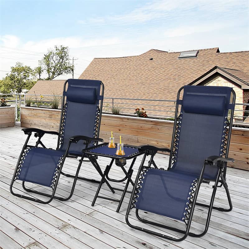 3 Piece Zero Gravity Chairs with Side Table Set, Outdoor Folding Reclining Lounge Chairs Table with Adjustable Backrest, Headrest, Cup Holders